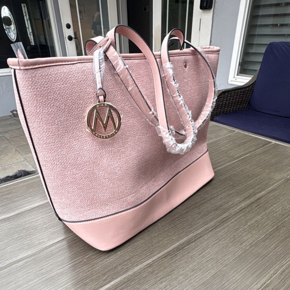 Mia K Women's Pink Faux Leather Tote Bag with Gold Logo Charm and Padlock NWT